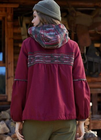 Manteau Boho Hippie Femme Rouge avec Capuche et Motif Ethnique 3