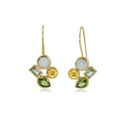 Aretes de Oro con Citrino, Peridoto, Topacio Azul y Piedra Luna