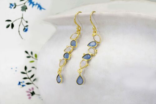 Rainbow Moonstone and Blue Chalcedony Gold Drop Earrings