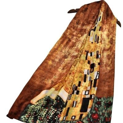 Pañuelo de seda con estampado de pintura Klimt The Kiss - Marrón