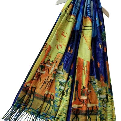 Van Gogh Terrace At Night Print Wool Scarf with Tassel Edge - Blue