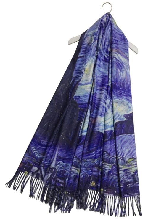 Van Gogh Starry Night Print Wool Tassel Scarf - Blue