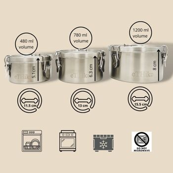 SET DE 3 barquettes alimentaires inox étanches 480ml + 780ml + 1200ml 3