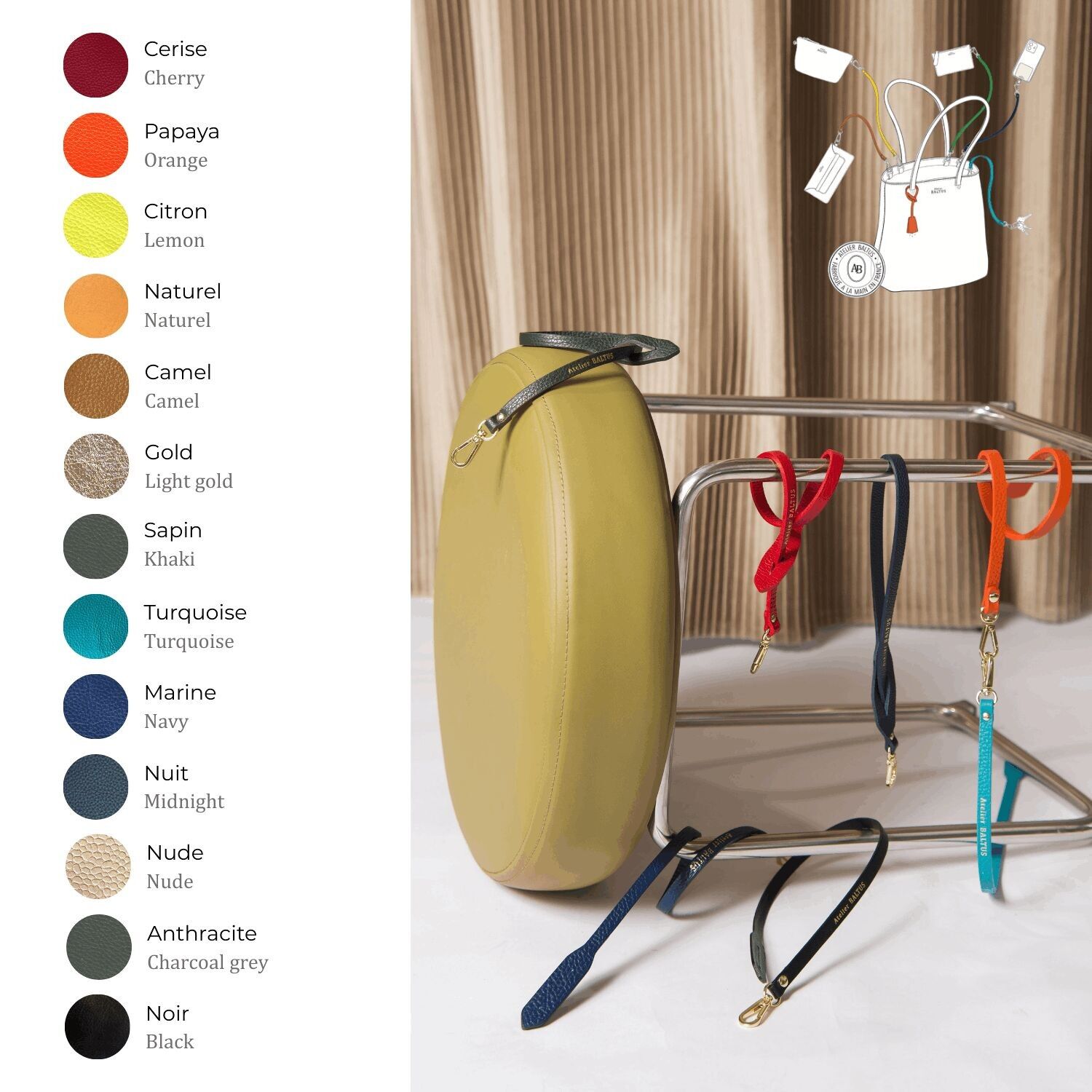 Llavero / Mosquetón sencillo en piel de vacuno plena flor - 47 x 0,8 cm