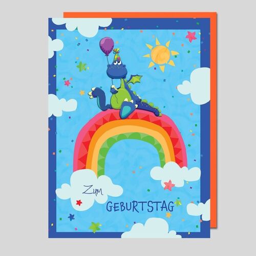 Kinder-Geburtstagskarte Drache und Regenbogen