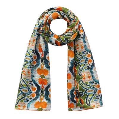 Sciarpa in seta naturale verde e arancione Ikat Basuki - (180x65 cm)