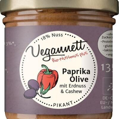 Organic pepper-olive spread with peanut and cashew without added sugar