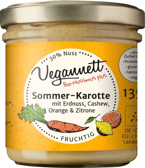 Bioaufstrich Sommerkarotte mit Orange, Zitrone und 30% Nussmus Cashew/Erdnuss, ohne Zuckerzusatz