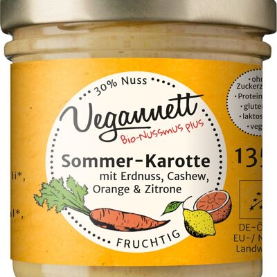 Organic summer carrot spread with orange, lemon and 30% nut butter, cashew / peanut, with no added sugar