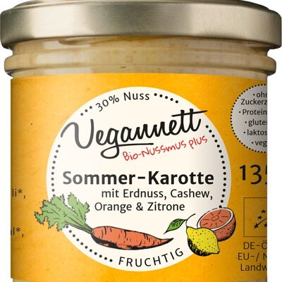 Tartinade de carottes d'été bio à l'orange, citron et beurre de noix 30%, noix de cajou/arachide, sans sucre ajouté