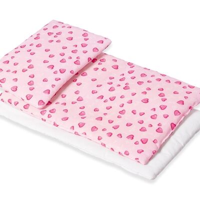 Doll bedding for doll beds 'Herzchen', pink, 3 pieces.