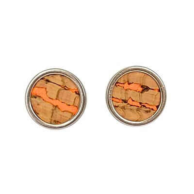 Orecchini a bottone in acciaio inossidabile - sughero naturale arancione NEON con inclusioni - misura 8mm 10mm 12mm