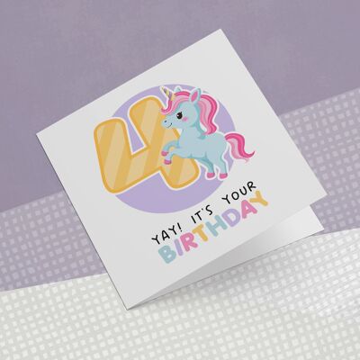 Biglietto di auguri compleanno unicorno 4 anni