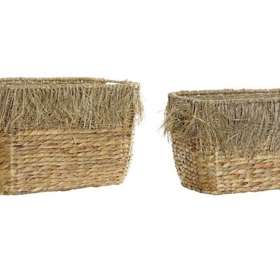 BASKET SET 2 RUSH 40X30X26 NATURAL BROWN FRINGES DC175585