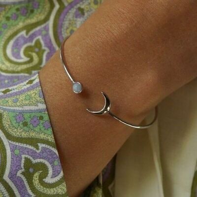 Bracciale rigido luna perla blu ottone argento