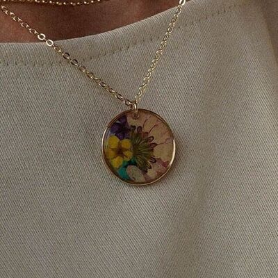 Multicolor dried flower resin pendant necklace gilded brass fine gold