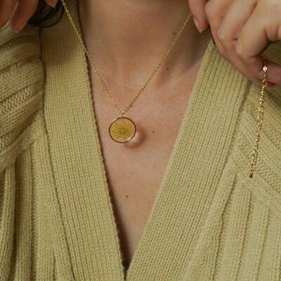 Dried yellow flower resin pendant necklace gilded brass fine gold