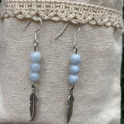 Earrings with 3 balls in natural Aquamarine and feather charm, Made in France