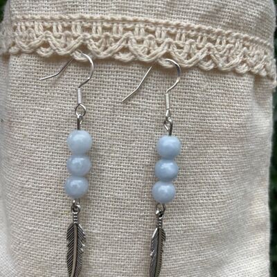Earrings with 3 balls in natural Aquamarine and feather charm, Made in France