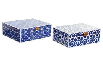 COFFRET A BIJOUX SET 2 BOIS 24X20X8 BLEU MOSAIQUE LM204379 1