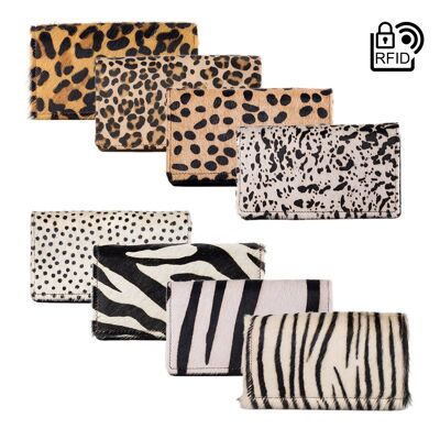 Leather Ladies Wallet RFID Black Leather Animal Print Fur