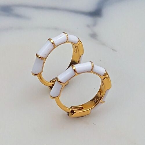 Bamboo Accent White Enamel Hoop Earrings - Gold Plated
