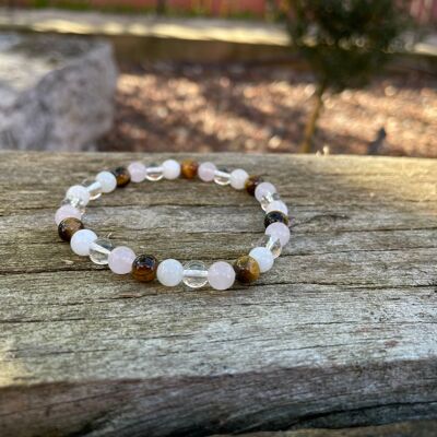 Stretch Bracelet Lithotherapy "Four Protections" Tiger Eye, Rose Quartz, Moonstone and Rock Crystal
