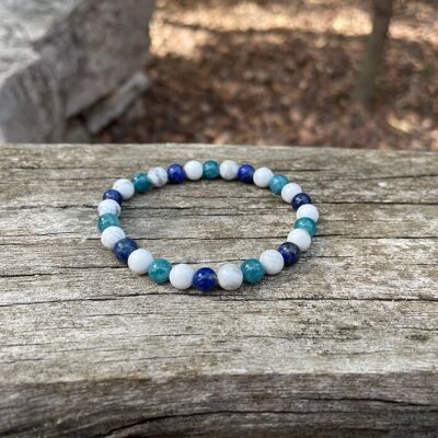 Elastic lithotherapy bracelet "Triple protection" in White Howlite, Lapis Lazuli and natural Apatite 6 mm