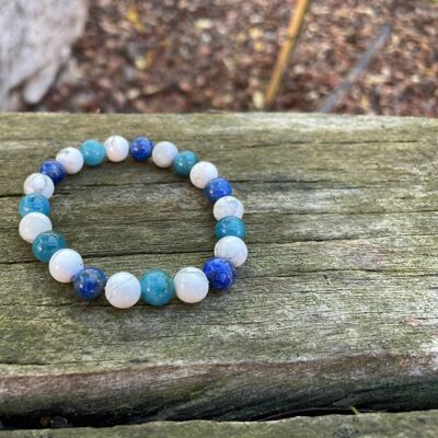 "Triple protection" elastic lithotherapy bracelet in White Howlite, Lapis Lazuli and natural Apatite 8 mm