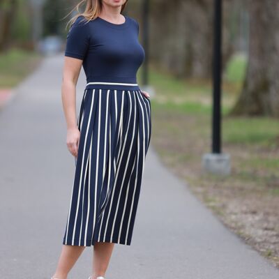Navy Blue Summer Midi Dress For Women In Jersey Fabric, Stripe Dress With Short Sleeve and Pockets