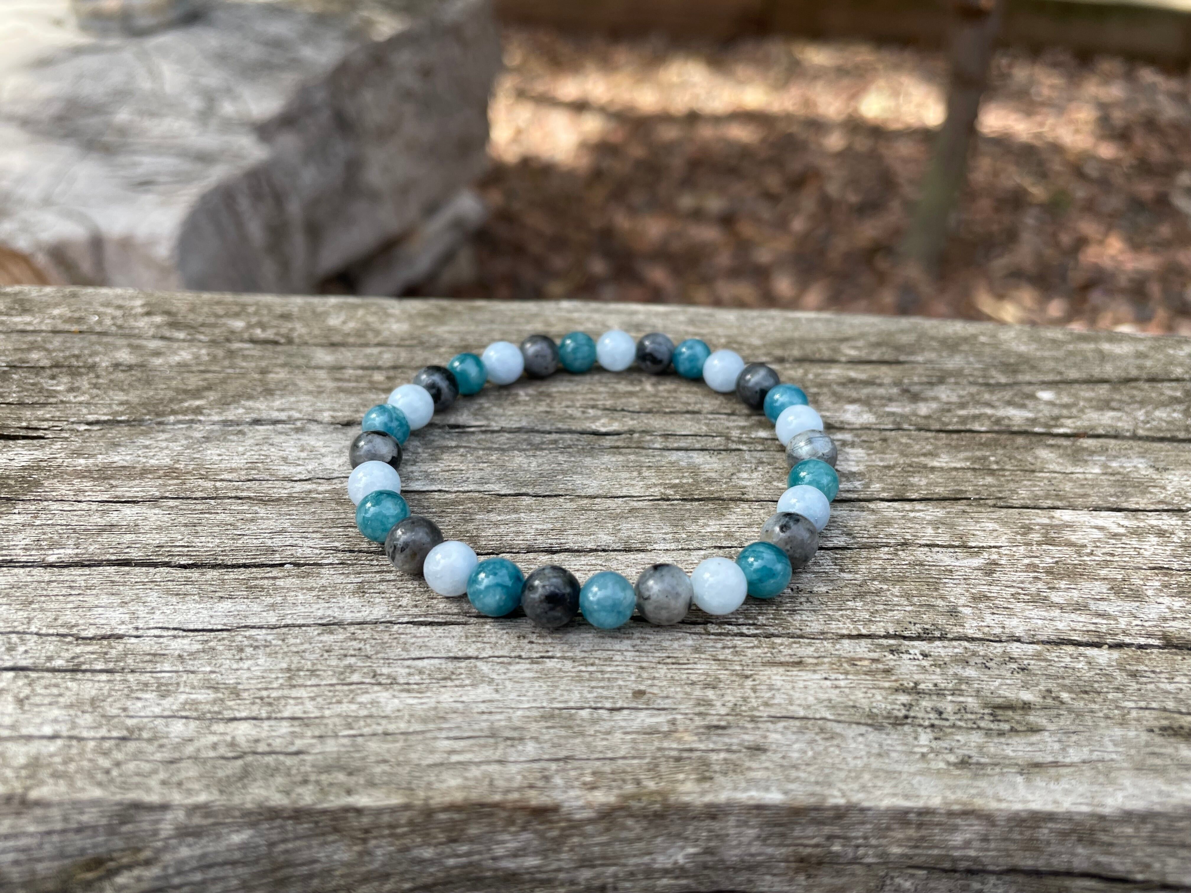 Elastisches Lithotherapie-Armband "Triple Protection" aus Labradorit, Aquamarin und natürlichem Apatit