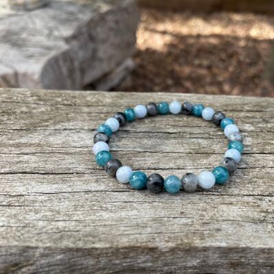 Elastic lithotherapy bracelet "Triple protection" in Labradorite, Aquamarine and natural Apatite