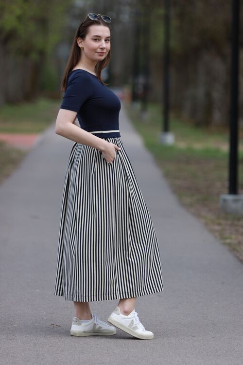 Summer Midi Dress Women In Jersey Fabric, Navy Blue and White Stripe Dress With Short Sleeve and Pockets