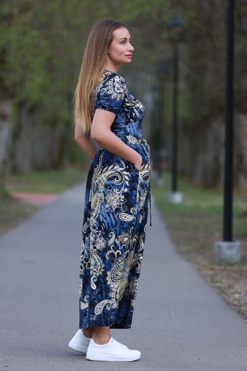 Blue Oriental Summer Maxi Dress For Women In Jersy Fabric, Long Elegant Dress With Short Sleeve