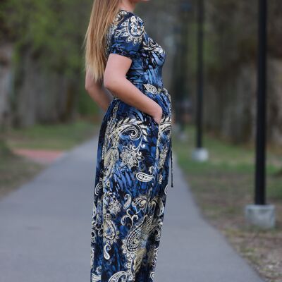 Blue Oriental Summer Maxi Dress For Women In Jersy Fabric, Long Elegant Dress With Short Sleeve