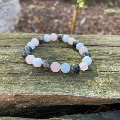 Bracciale elastico "Tripla Protezione" Litoterapia Perle di Labradorite, Acquamarina e Quarzo Rosa 8mm