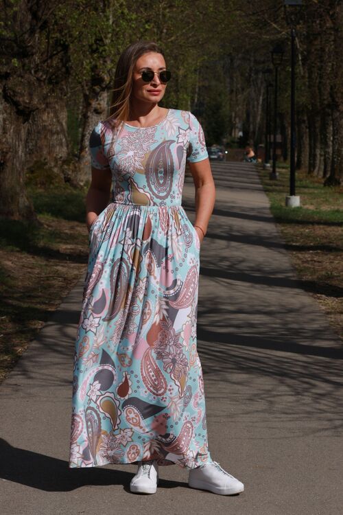 Long Summer Dress For Women In Jersey Fabric, Pink and Blue Oriental Elegant Maxi Dress With Short Sleeve and Pockets