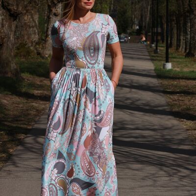 Langes Sommerkleid für Damen aus Jerseystoff, rosa und blau, orientalisches, elegantes Maxikleid mit kurzen Ärmeln und Taschen