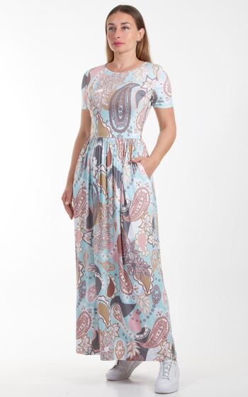 Robe d'été longue pour femme en tissu jersey, robe longue élégante orientale rose et bleu avec manches courtes et poches 6