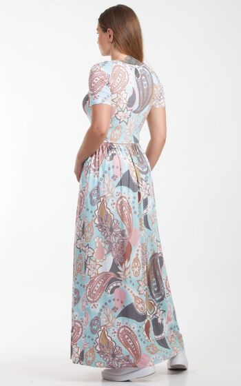 Robe d'été longue pour femme en tissu jersey, robe longue élégante orientale rose et bleu avec manches courtes et poches 7