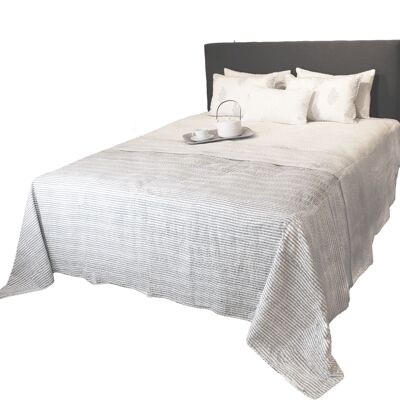 Cream bedspread with gray block print and decorative stitch, 240x260cm