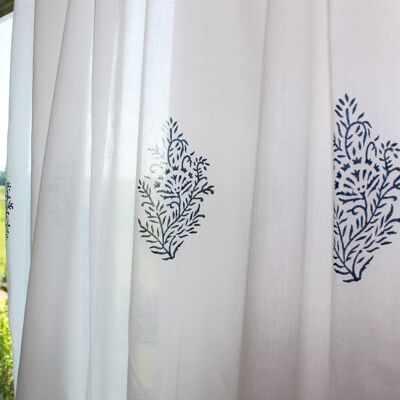 Cream curtain with dark blue block prints