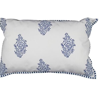 Housse de coussin crème avec passepoil, bleu foncé imprimé à la main des deux côtés