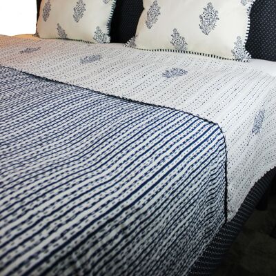 Cream bedspread with dark blue block print and decorative stitch, 240x260cm