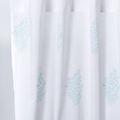 Cream curtain with turquoise block prints