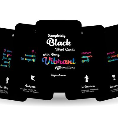 Komplett schwarze Tarotkarten mit sehr lebendigen Affirmationen – Major Arcana