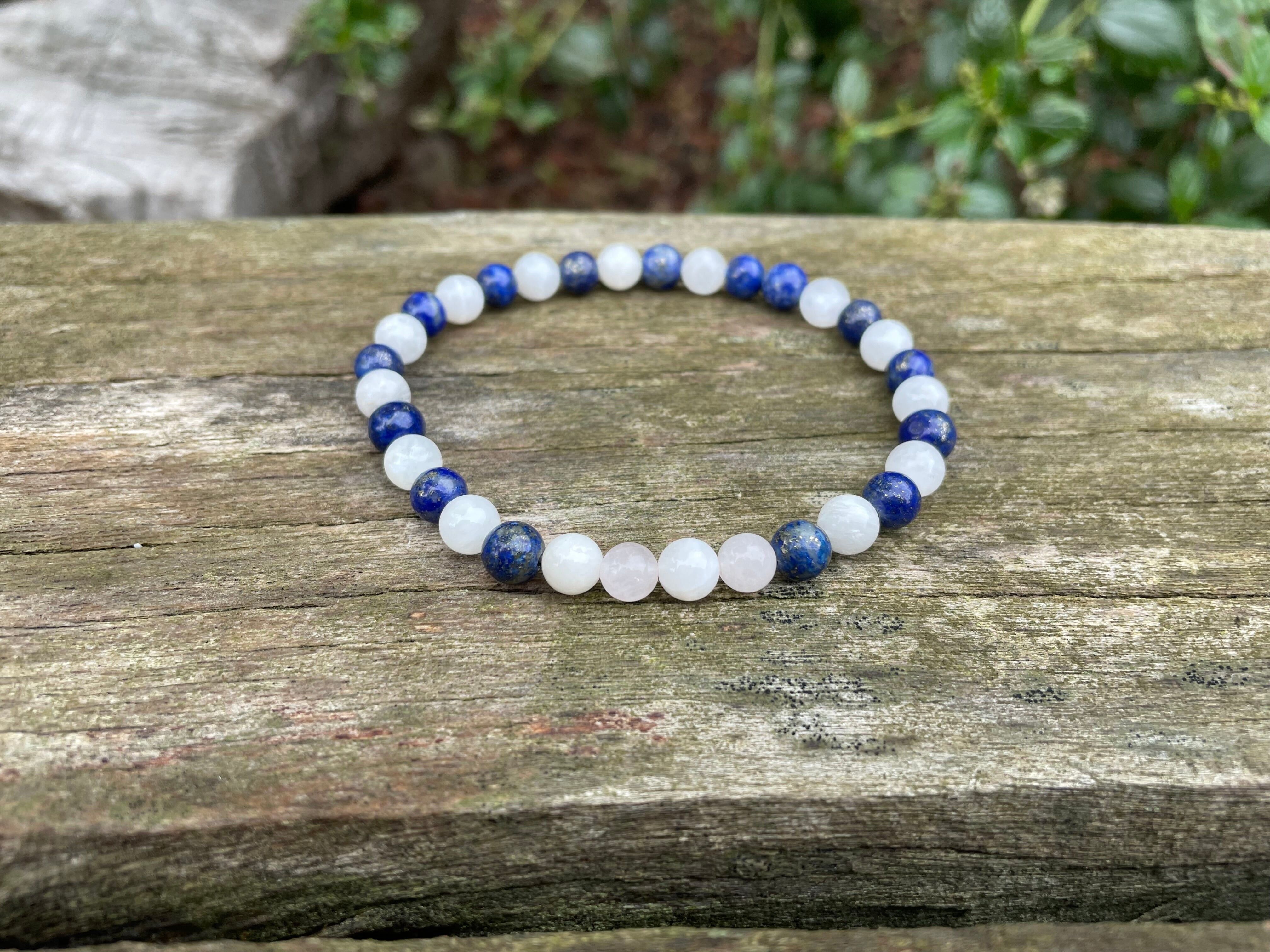 Pulsera Elástica Litoterapia "Triple Protección" Lapislázuli, Cuarzo Rosa y Piedra Luna