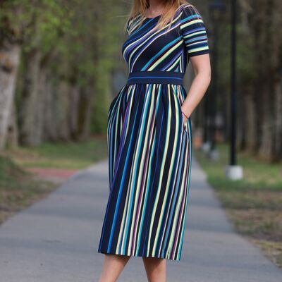 Blue Summer Midi Dress For Women In Knit Fabric, Stripe Dress With Short Sleeves and Pockets