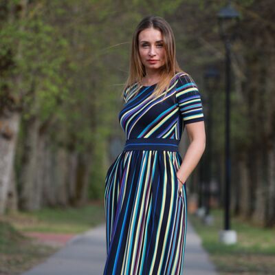Blue Summer Midi Dress For Women In Knit Fabric, Stripe Dress With Short Sleeves and Pockets