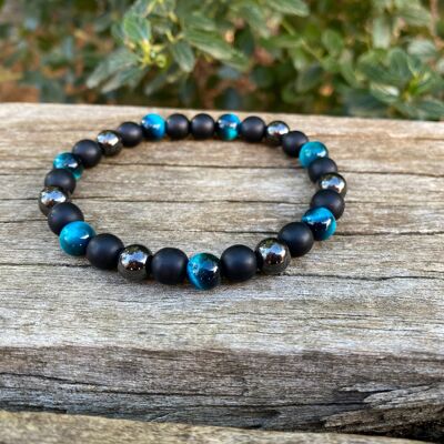 Bracciale Elastico Litoterapico "Tripla Protezione" Turchese Occhio di Tigre, Ematite e Onice Nero